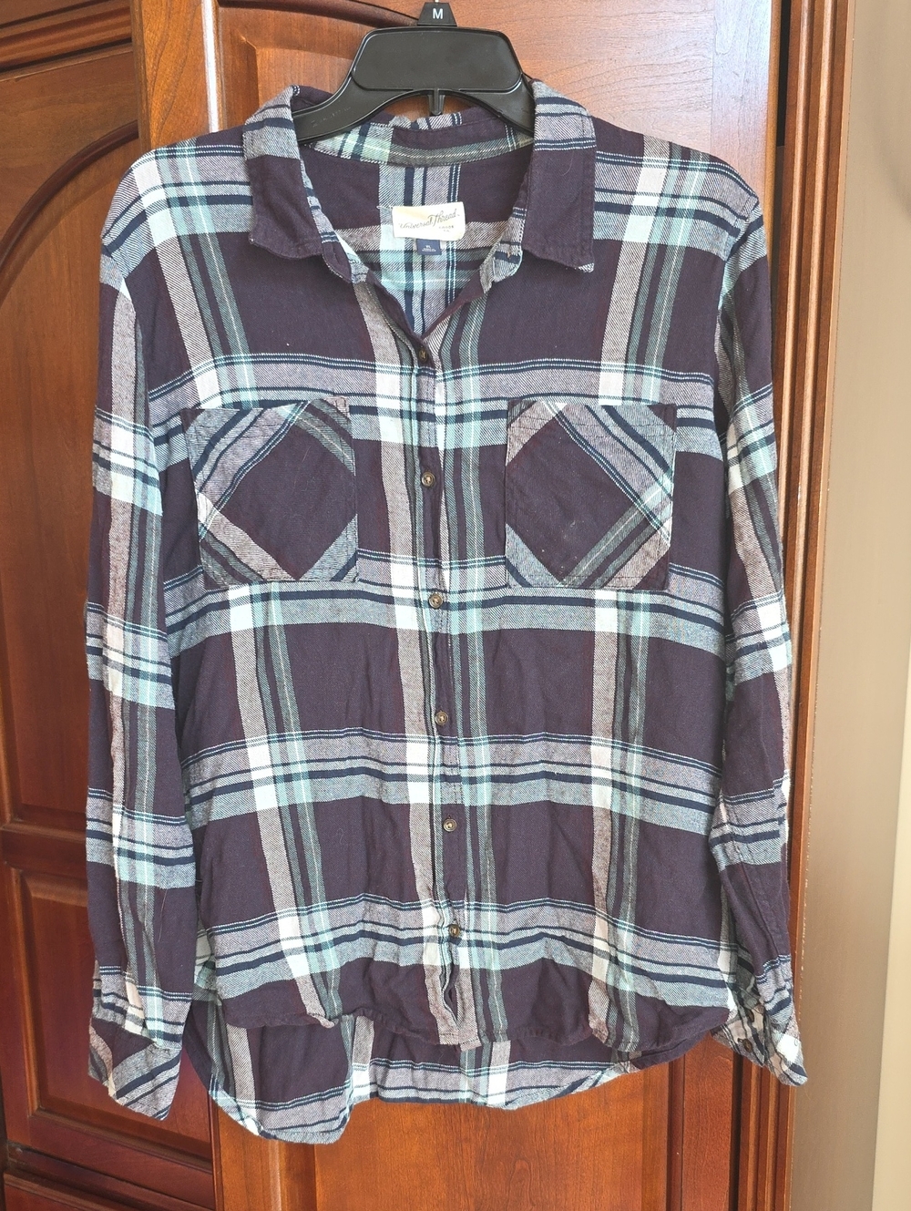Cotton Plaid Button Down Long Sleeve Top XL